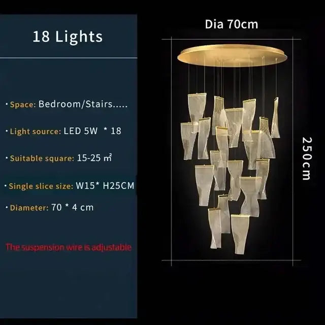 Modern gold mesh duplex building chandelier with 18 gold-toned glass pendant lights for living room ceiling lighting