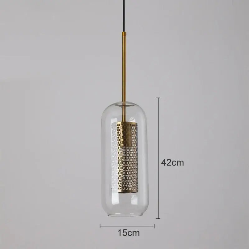 Modern gold mesh glass pendant light with clear glass dome and brass perforated shade suspended by gold rod