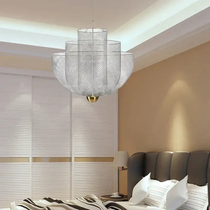 Silver mesh dimmable led chandelier with tiered petal design and gold-toned base pendant light for dining room