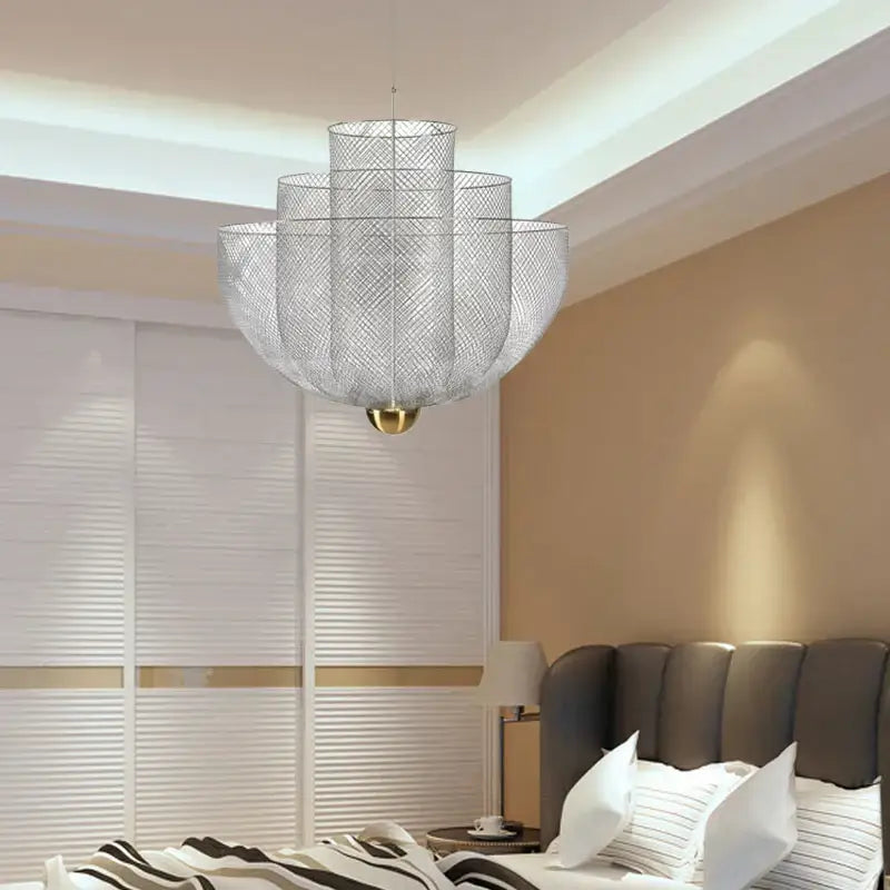 Silver mesh dimmable led chandelier with tiered petal design and gold-toned base pendant light for dining room