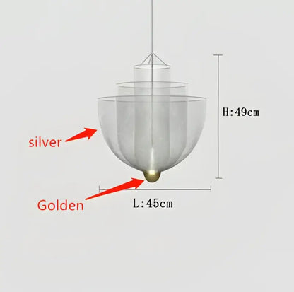 Modern gold mesh tiered dimmable led chandelier pendant light with silver mesh and golden base 49cm by 45cm