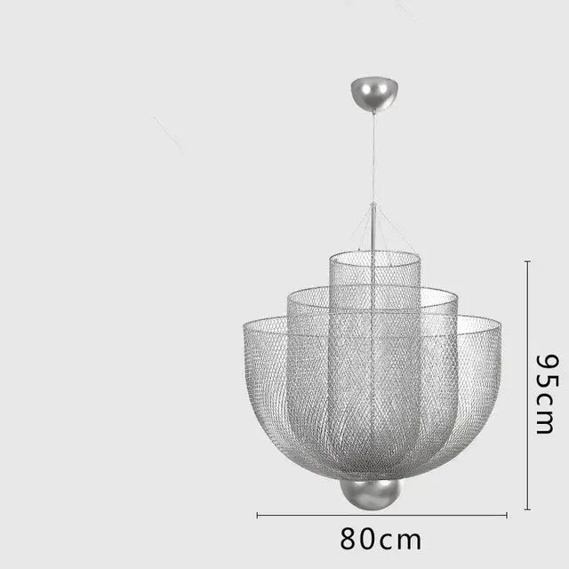 Silver mesh tiered dimmable led chandelier pendant light with bowl-shaped design and spherical accents for dining room