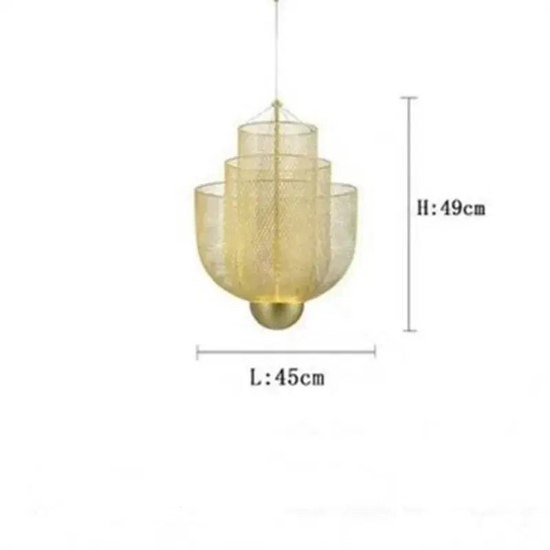 Modern gold mesh tiered dimmable led chandelier pendant light with cascading design and rounded base for dining room