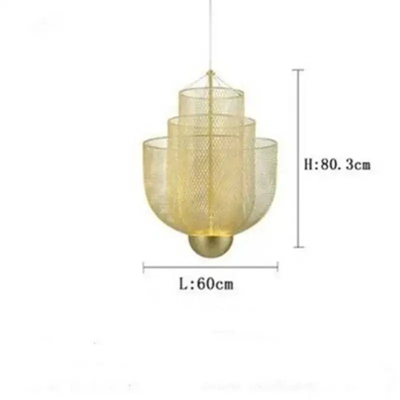 Modern gold mesh tiered dimmable led chandelier pendant light with cylindrical layers and rounded base for dining room