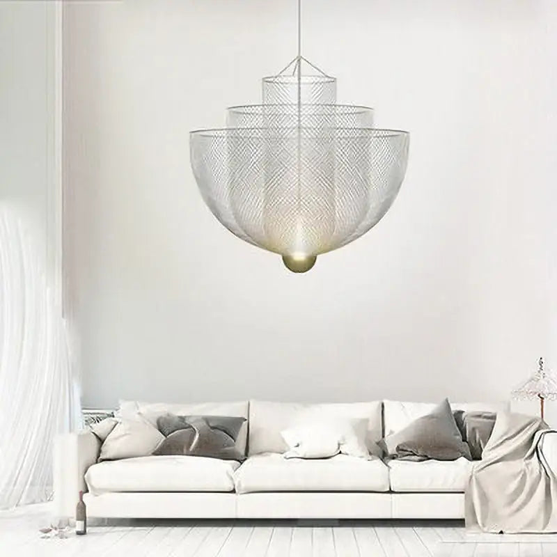 A modern gold mesh tiered pendant light with a warm spherical base dimmable led chandelier for dining room