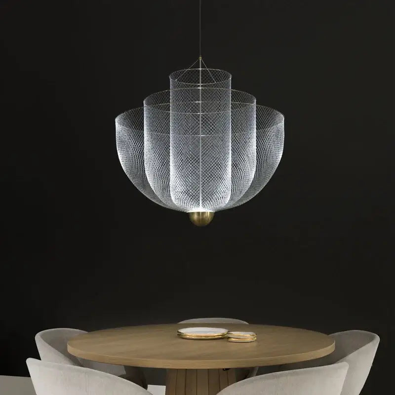 A modern gold mesh tiered dimmable led chandelier pendant light with brass accents for dining rooms
