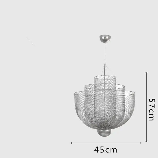Modern silver mesh tiered dimmable led chandelier pendant light with petal layers and sleek spherical accents for dining room