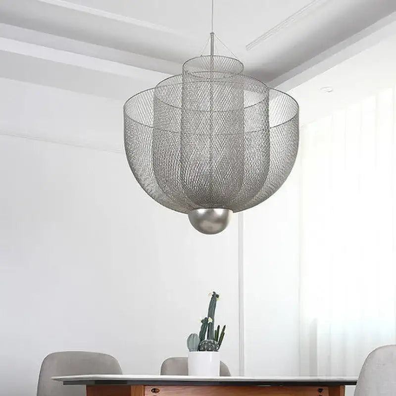 Silver mesh pendant light with spherical base modern gold mesh tiered dimmable led chandelier for dining room use