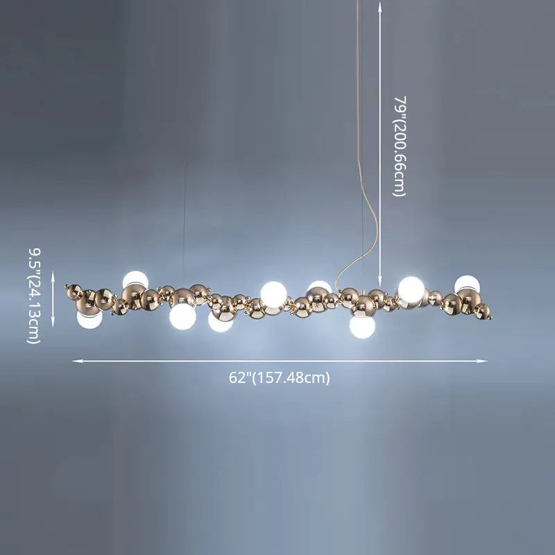 Modern gold metal arched ceiling light for dining room with 6 bulbs and spherical gold-toned pendant design