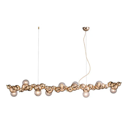Modern gold metal arched ceiling light with six bulbs featuring interconnected spheres for dining room use