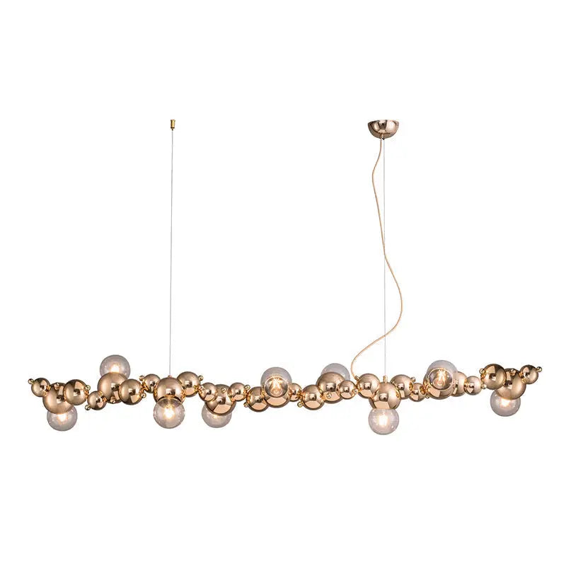 Modern gold metal arched ceiling light with six bulbs featuring interconnected spheres for dining room use