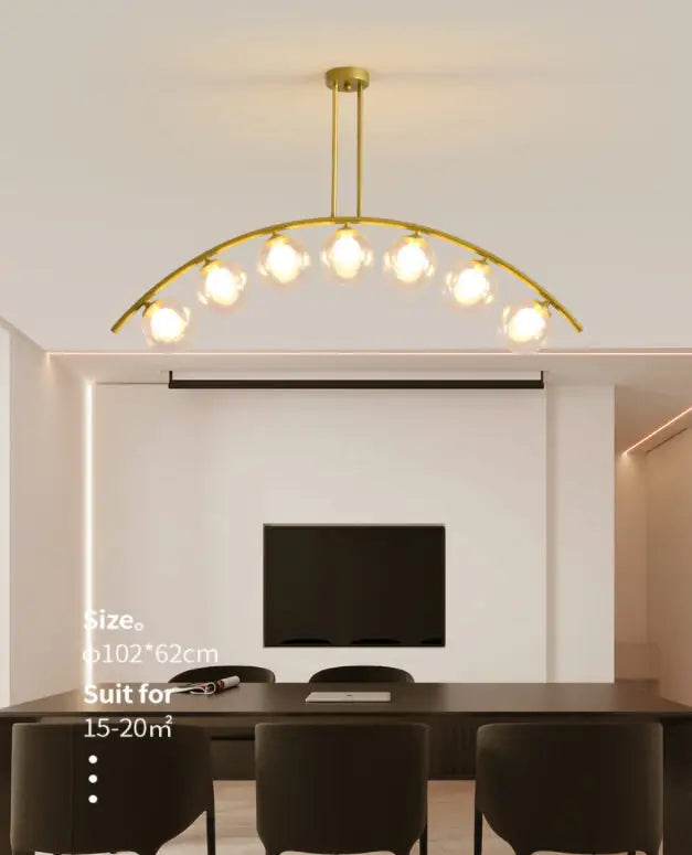 Modern gold metal arched ceiling light with six spherical bulbs designed for dining room illumination