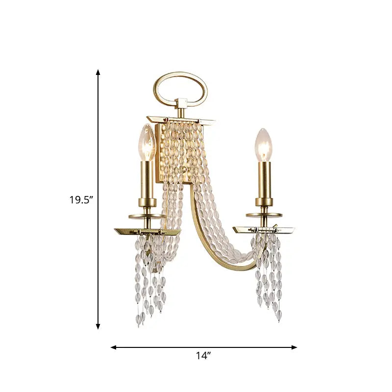 Modern gold metal candle wall sconce with two lights, brass finish, cascading clear crystal beads for living room lighting
