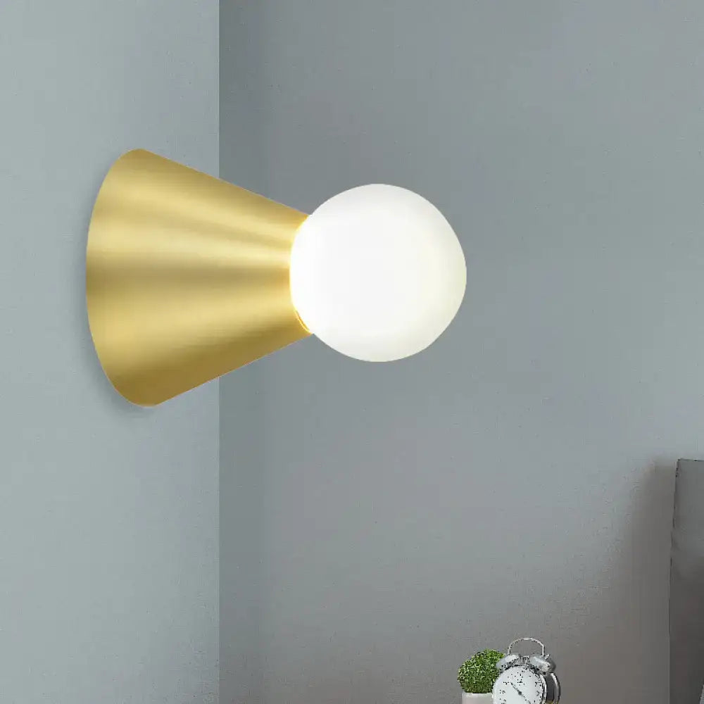 Modern gold metal conical sconce wall light with frosted globe ideal for bedroom lighting