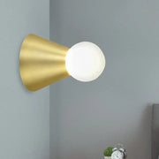 Modern gold metal conical sconce wall light with frosted globe ideal for bedroom lighting
