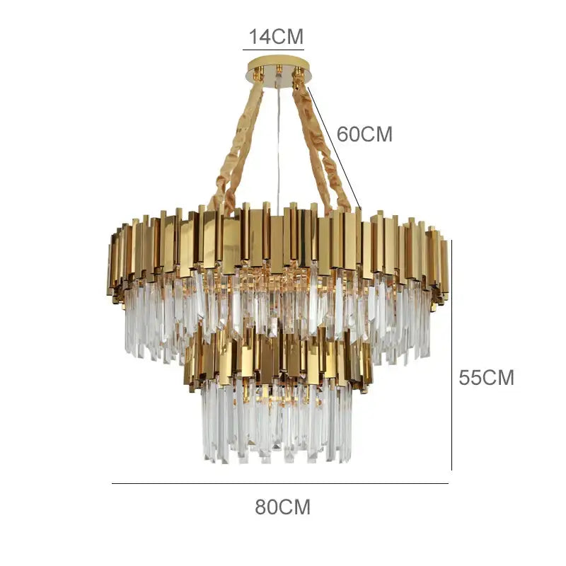 Modern gold metal crystal chandelier with two tiers of vertical brass bars and cascading clear prisms for dining room decorbites gold metal