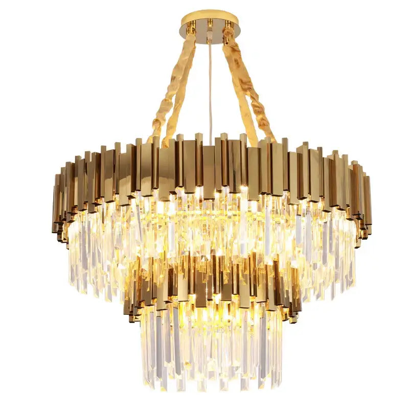 Modern gold metal crystal chandelier with tiered brass bars and cascading prisms for dining room decorbites gold metal