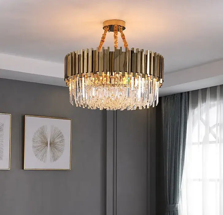 Modern gold metal crystal chandelier with vertical bars and cascading crystal droplets for dining room decorbites gold metal