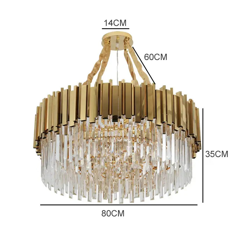 Modern gold metal crystal chandelier with tiered design featuring vertical brass bars for dining room decorbites gold metal