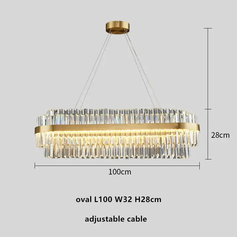 Modern gold metal crystal pendant light with gold-toned oval chandelier and clear crystal prisms for dining room decorbites
