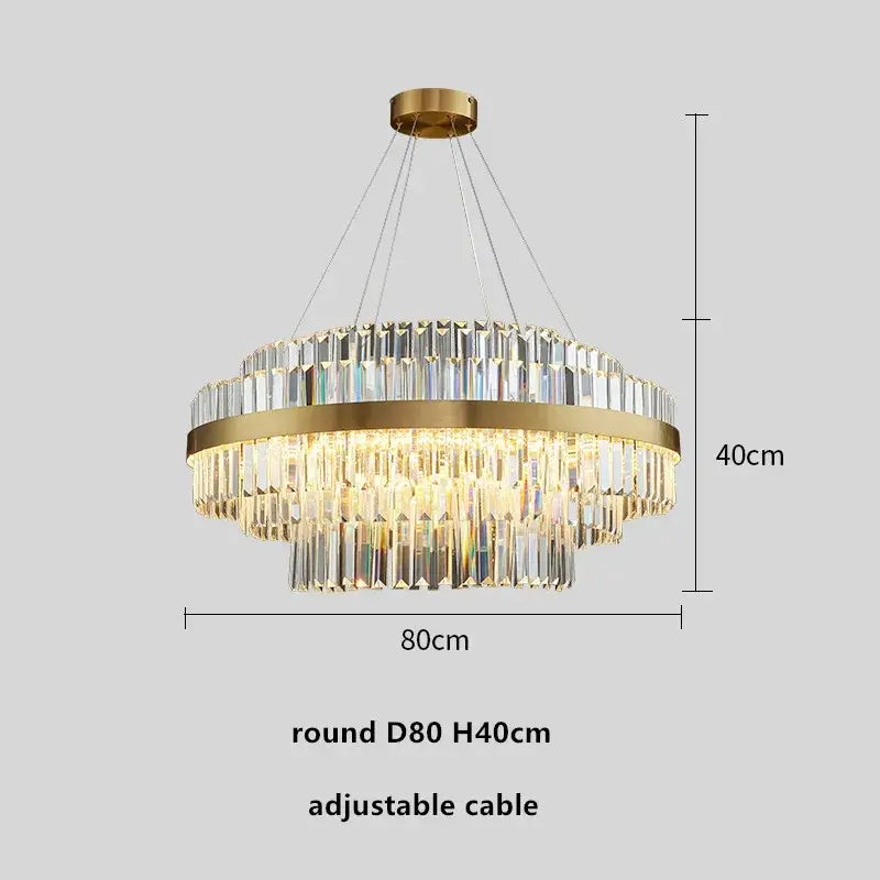 Modern gold metal crystal pendant light with tiered design and clear prisms for dining room decorbites gold metal