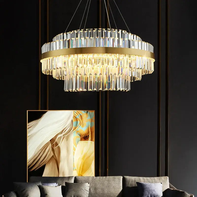 Modern gold metal crystal pendant light with clear crystal prisms and two-tiered design for dining room decorbites gold metal
