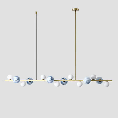 Modern gold metal glass globe chandelier with brass pendant and white blue marbled spheres for dining table chain cord length
