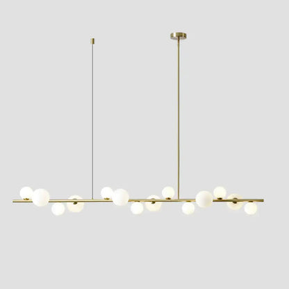 Modern gold metal glass globe chandelier with sleek horizontal bar and chain cord length for dining table lighting