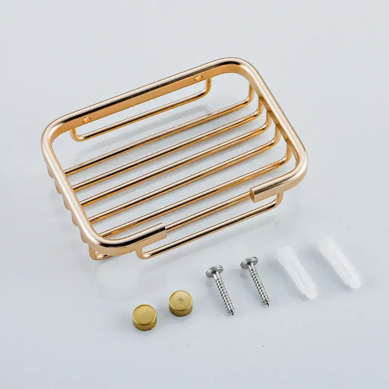 Modern gold metal glass soap dish with rectangular wire-frame design and horizontal bars for drainage bathroom use