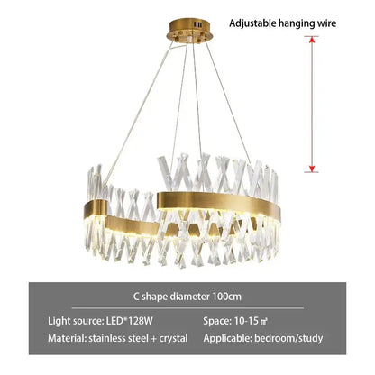 Modern gold metal s shape lustre led pendant lamp with circular crystal chandelier design for dining room decorbites