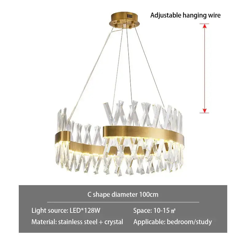 Modern gold metal s shape lustre led pendant lamp with circular crystal chandelier design for dining room decorbites