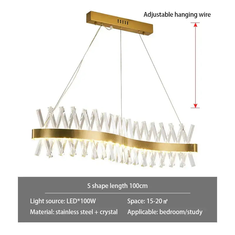 Modern gold metal s shape lustre led pendant lamp with gold-toned s-shaped chandelier and clear crystal accents for dining room decorbites gold metal