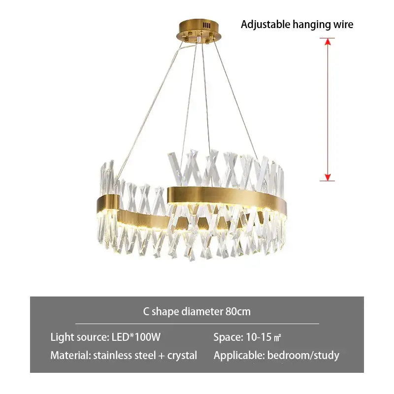 Modern gold metal s shape lustre led pendant lamp with gold-toned circular design and clear crystal decorbites gold metal accents