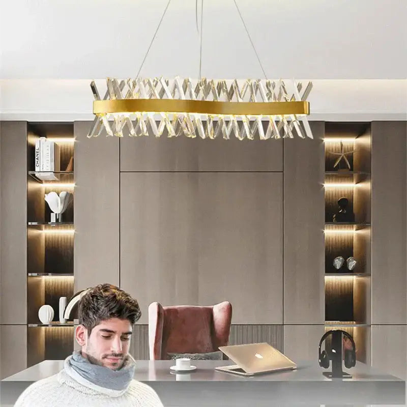 Modern gold metal s shape lustre led pendant lamp with geometric gold-toned frame and clear crystal decorbites gold metal elements