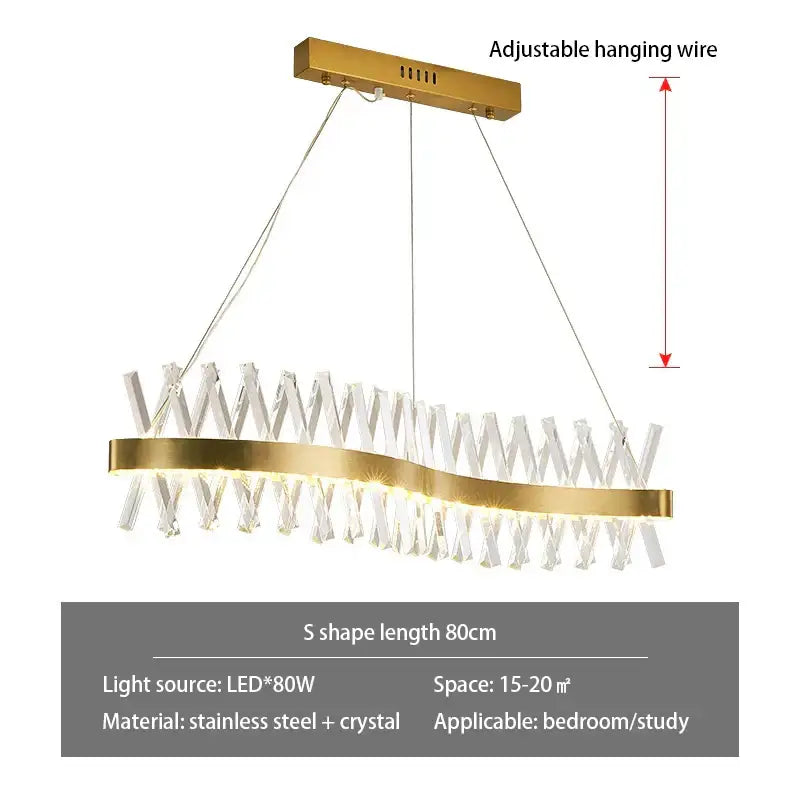 Modern gold metal s shape lustre led pendant lamp featuring a gold-toned chandelier with clear crystals and stainless steel frame
