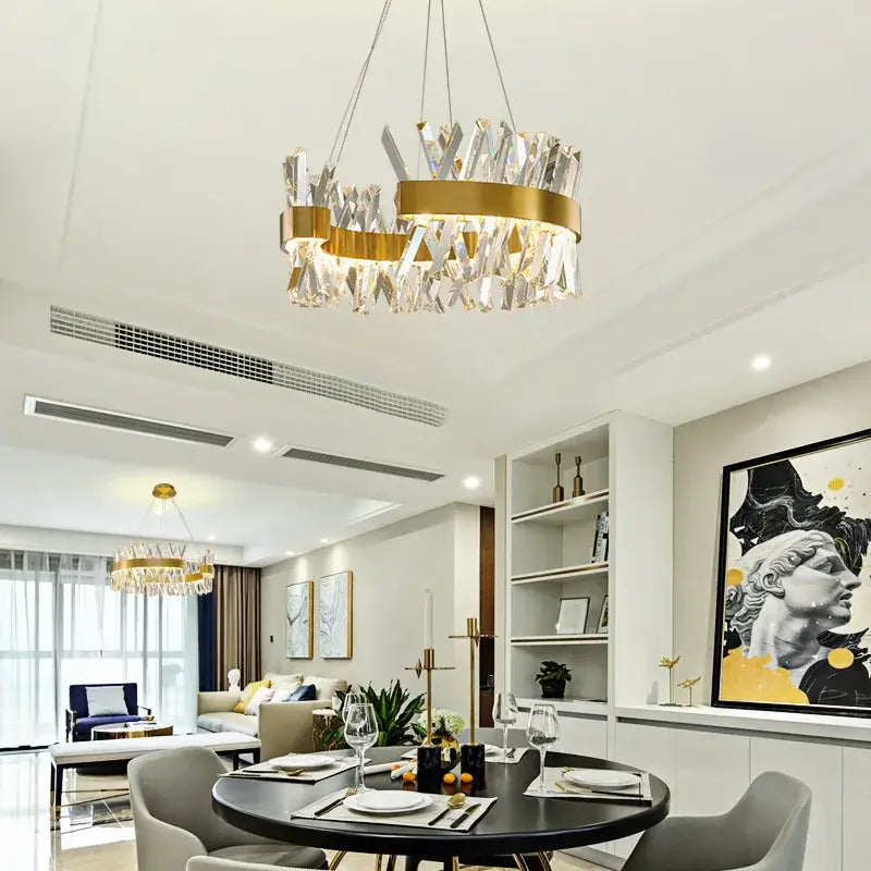 Modern gold metal s shape lustre led pendant lamp with gold-toned chandelier and clear crystal shards for dining room decorbites