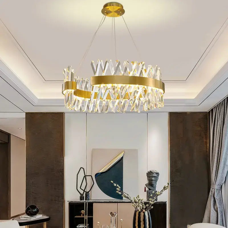 Modern gold metal s shape lustre led pendant lamp with gold-toned geometric design and clear crystal decorbites gold metal