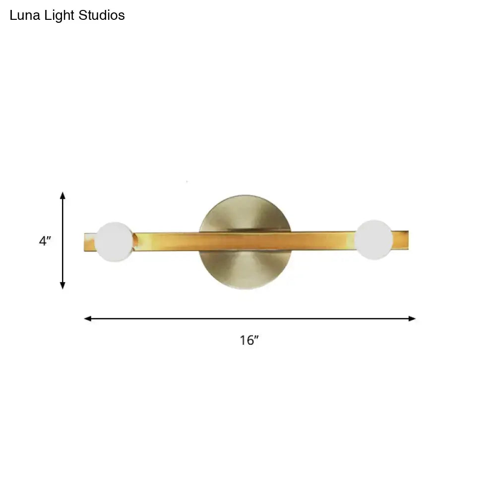 Modern gold metallic linear sconce light with central circular backplate and two white glass shades for bedroom 220v-240v 110v-120v