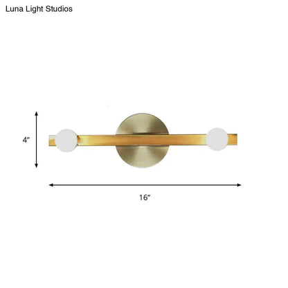 Modern gold metallic linear sconce light with central circular backplate and two white glass shades for bedroom 220v-240v 110v-120v