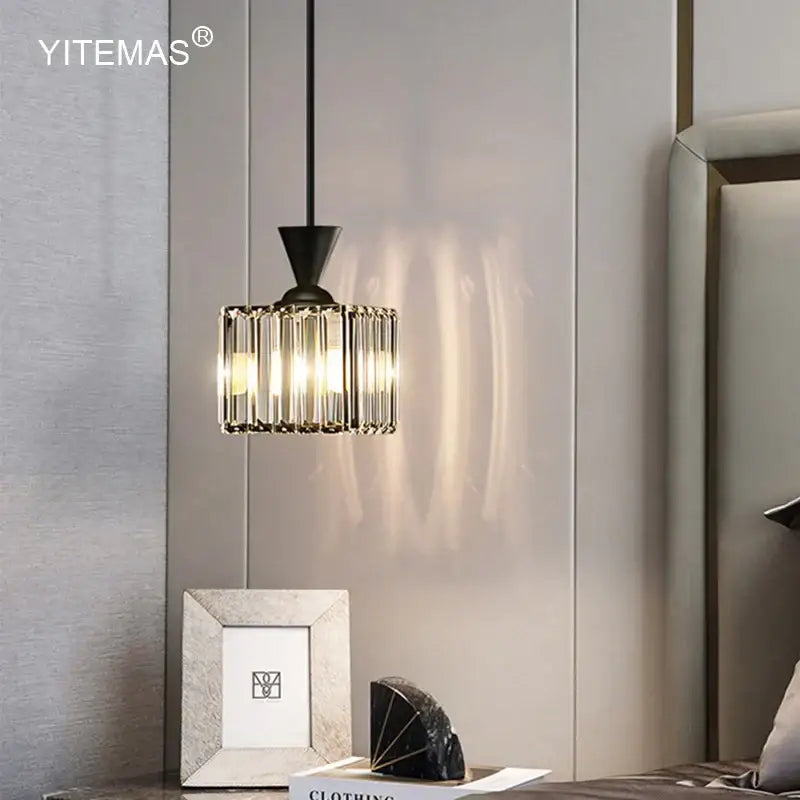 Black metal pendant light with clear crystal rods featuring decorbites gold mini design for modern bedroom decor