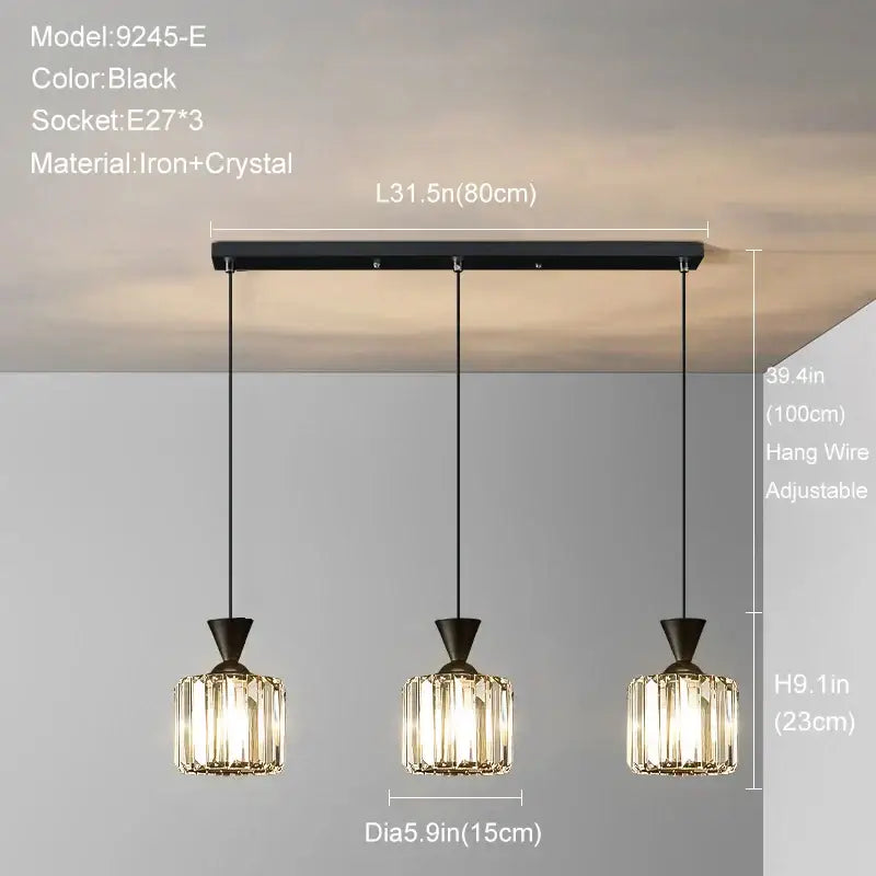 Modern gold mini crystal pendant light with black iron frame and three hanging cylindrical mini crystal pendant shades