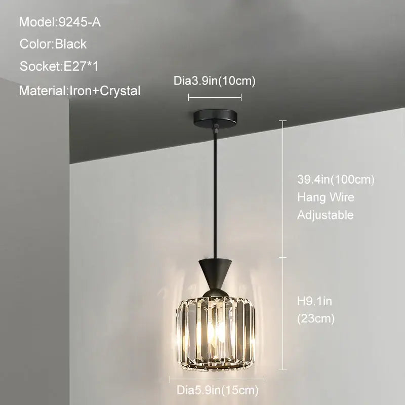 Modern gold mini crystal pendant light featuring black iron frame and cylindrical faceted glass shade for bedroom decorbites gold mini