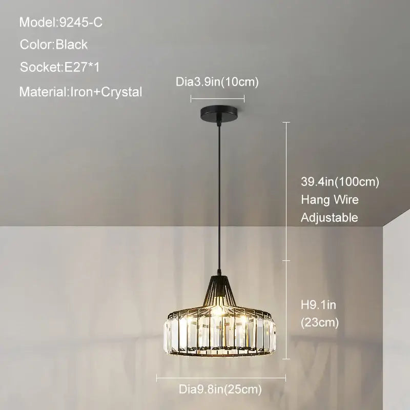 Black iron and crystal decorbites gold mini pendant light with adjustable wire for modern bedroom chandelier decor