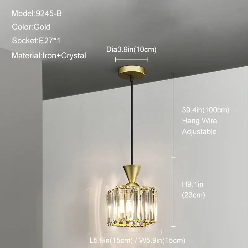 Modern gold mini crystal pendant light with faceted crystal glass shade iron frame and adjustable black hanging wire