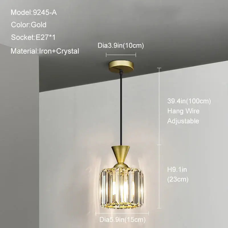 Modern gold mini crystal pendant light with cylindrical crystal glass shade and iron frame for bedroom decorbites gold mini