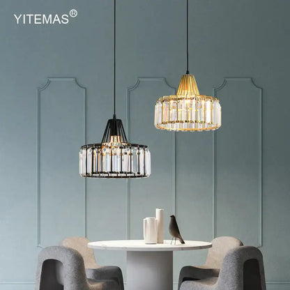 Two modern pendant lights with decorbites gold mini crystal rods and black metal frame for bedroom chandelier decor