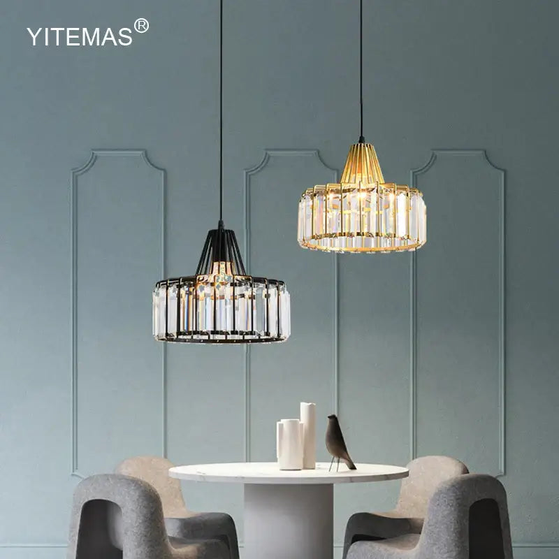 Two modern pendant lights with decorbites gold mini crystal rods and black metal frame for bedroom chandelier decor