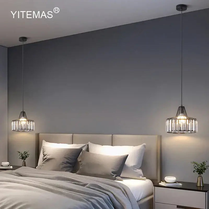 Yitemas modern gold mini crystal pendant light with black metal frame and crystal cage design for bedroom chandelier decorbites gold mini