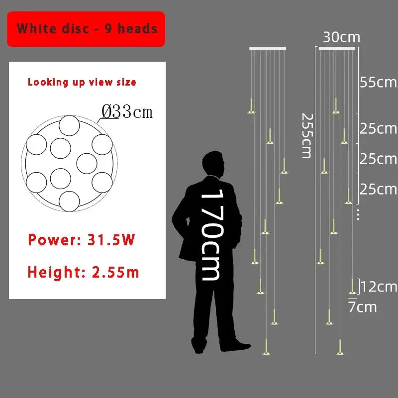 Modern gold minimalist ceiling chandelier with white disc nine illuminated heads nordic minimalist ceiling light 30cm wide 2.55m tall