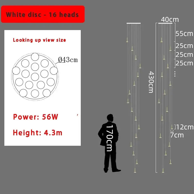 Modern gold minimalist ceiling chandelier with 16 white disc heads, 43cm diameter, 4.3m height for living room use